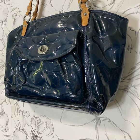 Coach Navy Blue Embossed Patent Leather Tote Bag #F14663 - Picture 2 of 8